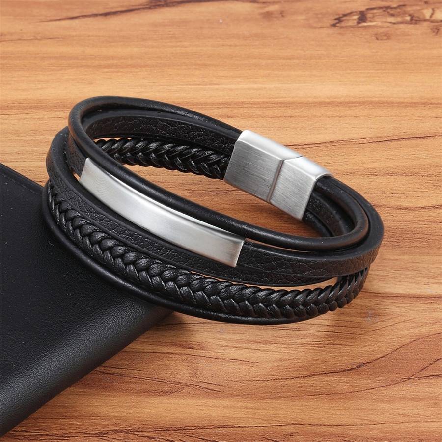 XQNI Classic Genuine Leather And Stainless Steel Bracelet For Men