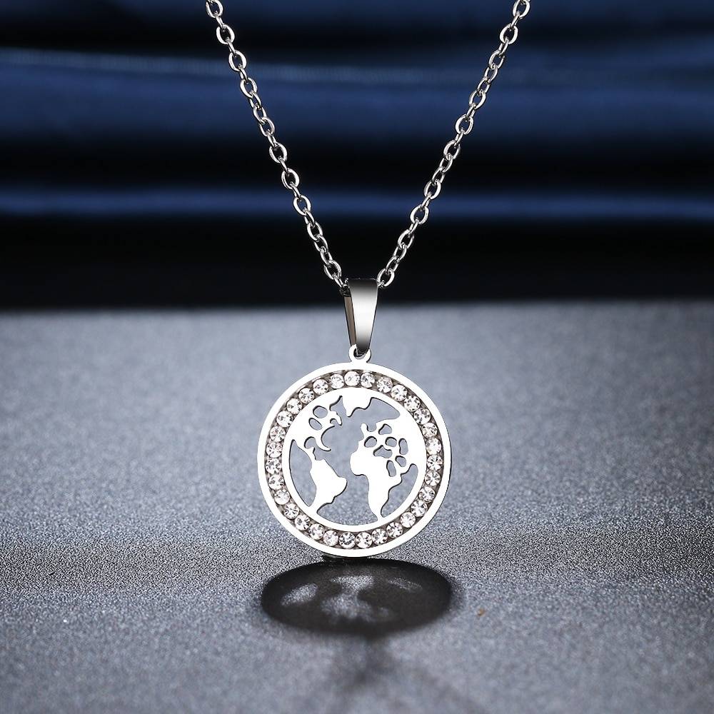 TULA – Stainless Steel World Map Crystal Necklace