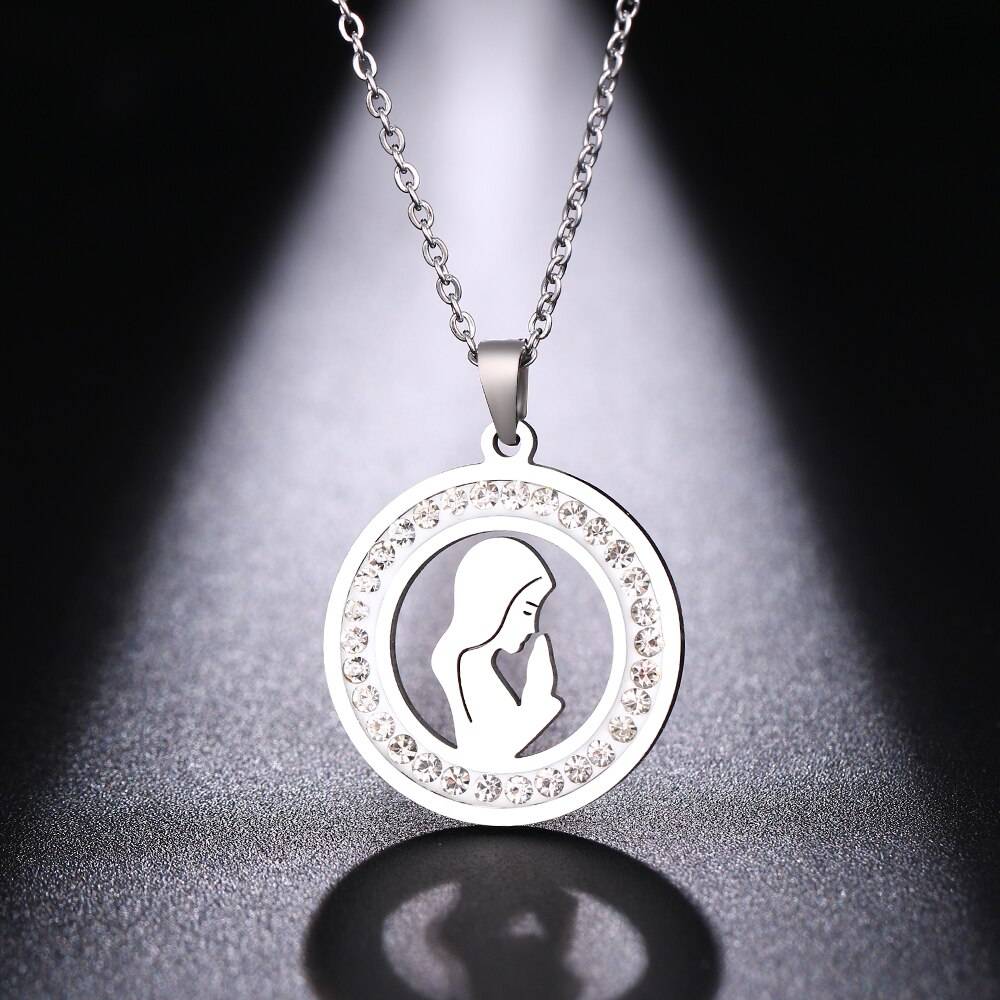 MARY – Stainless Steel Praying Woman Crystal Necklace