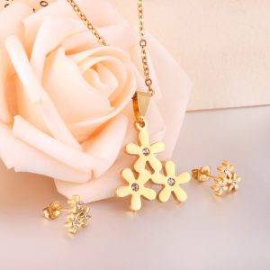 Stainless Steel Jewelry Sets For Women Bridal Dubai Flower Crystal Earrings Necklace Jewellery Set Accessories 