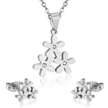 LUXUKISSKIDS Stainless Steel Jewelry Sets For Women Bridal Dubai Flower Crystal Earrings Necklace Jewellery Set Accessories Metal Color: Silver