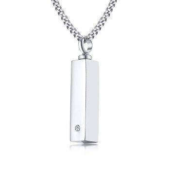 Personalized Vertical Bar Necklace CZ Stone Stainless Steel Urn Pendant Custom Initial Name Ash Keepsake Cremation Jewelry Metal Color: Silver