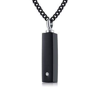 Personalized Vertical Bar Necklace CZ Stone Stainless Steel Urn Pendant Custom Initial Name Ash Keepsake Cremation Jewelry Metal Color: Black