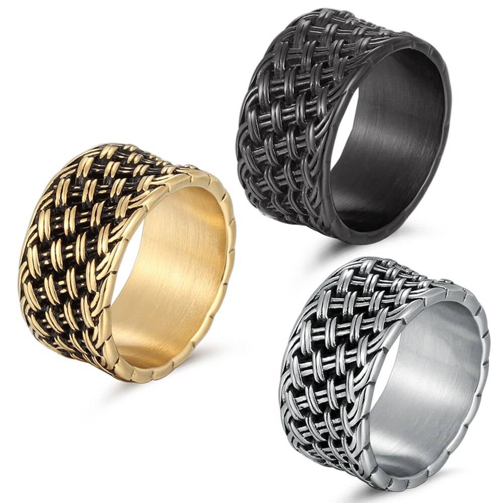 12MM Stainless Steel Men’s Rings Gold Black Color Interwoven Punk Finger Ring Fashion Male Jewelry Party Gift