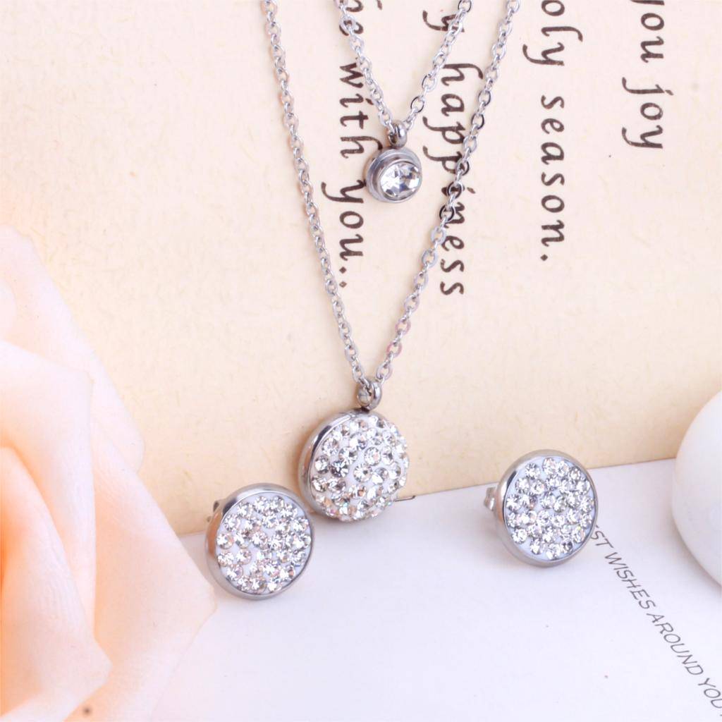 LUXUKISSKIDS Round Crystal Double Necklace Earring Wedding Bridal Dubai Jewelry Sets Stainless Steel Jewelry Set For Women Girl
