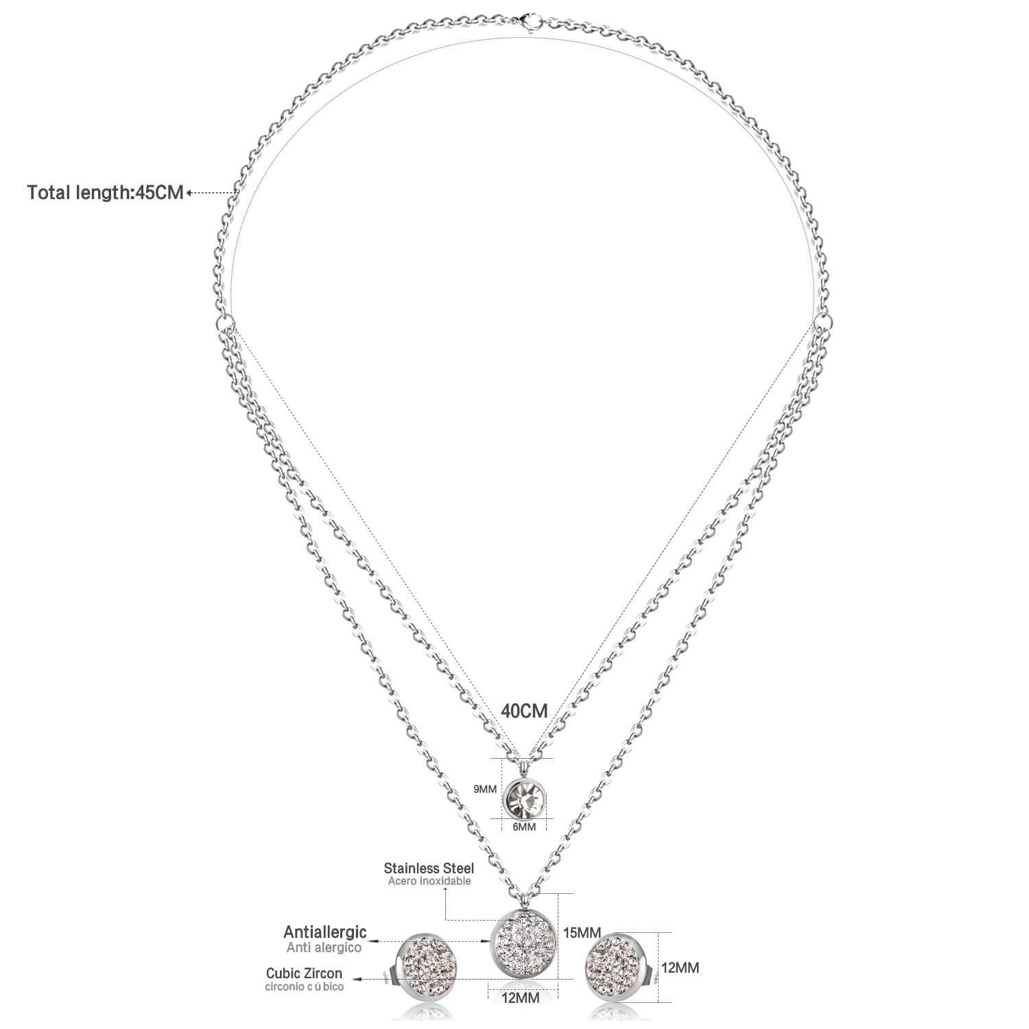 LUXUKISSKIDS Round Crystal Double Necklace Earring Wedding Bridal Dubai Jewelry Sets Stainless Steel Jewelry Set For Women Girl