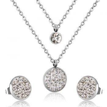 LUXUKISSKIDS Round Crystal Double Necklace Earring Wedding Bridal Dubai Jewelry Sets Stainless Steel Jewelry Set For Women Girl Metal Color: Silver