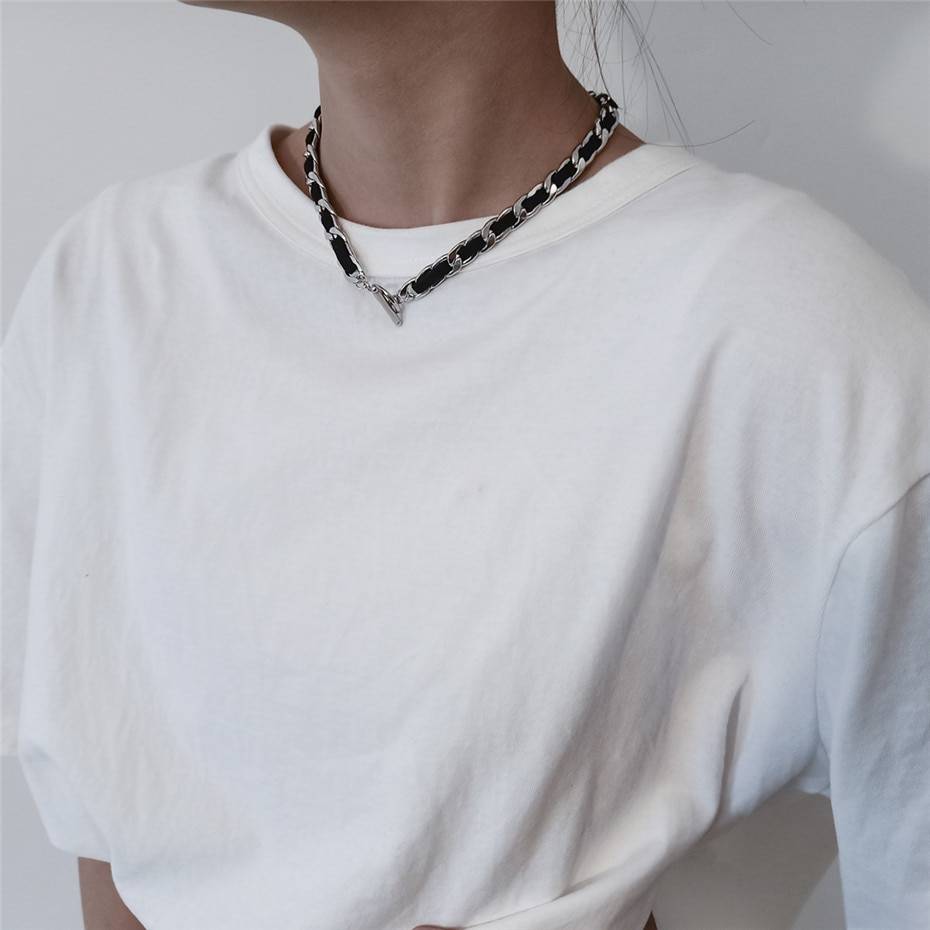 Unique Lariat Lasso Pendant Choker Necklace Women Collar Vintage Stainless Steel Black Flannel Lock Chain Aesthetic Neck Jewelry