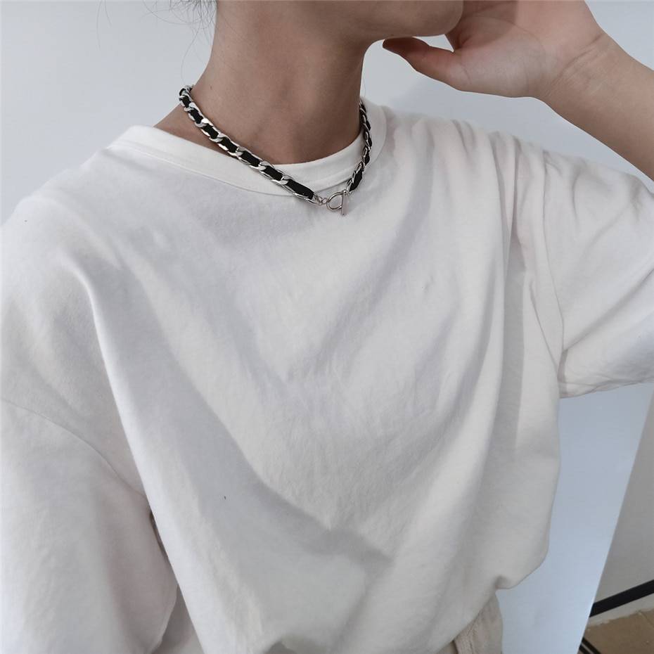 Unique Lariat Lasso Pendant Choker Necklace Women Collar Vintage Stainless Steel Black Flannel Lock Chain Aesthetic Neck Jewelry