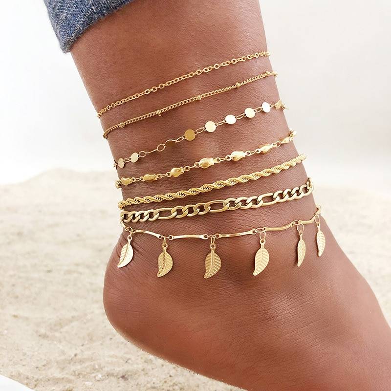 Vnox 1/2/3pcs/set Gold Color Simple Chain Anklets For Women, Leg Chains Ankle Beach Foot Jewelry, Holidays Accessories