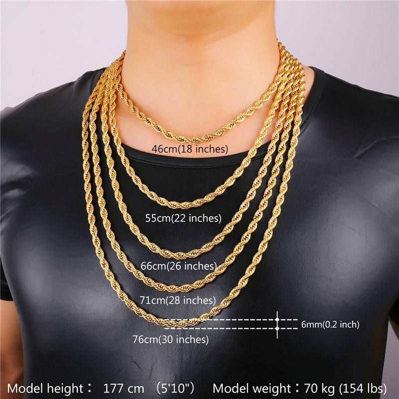 U7 Hip Hop Twisted Rope Necklace For Men Gold Color Thick Stainless Steel Hippie Rock Chain Long/Choker Hot Fashion Jewelry N574