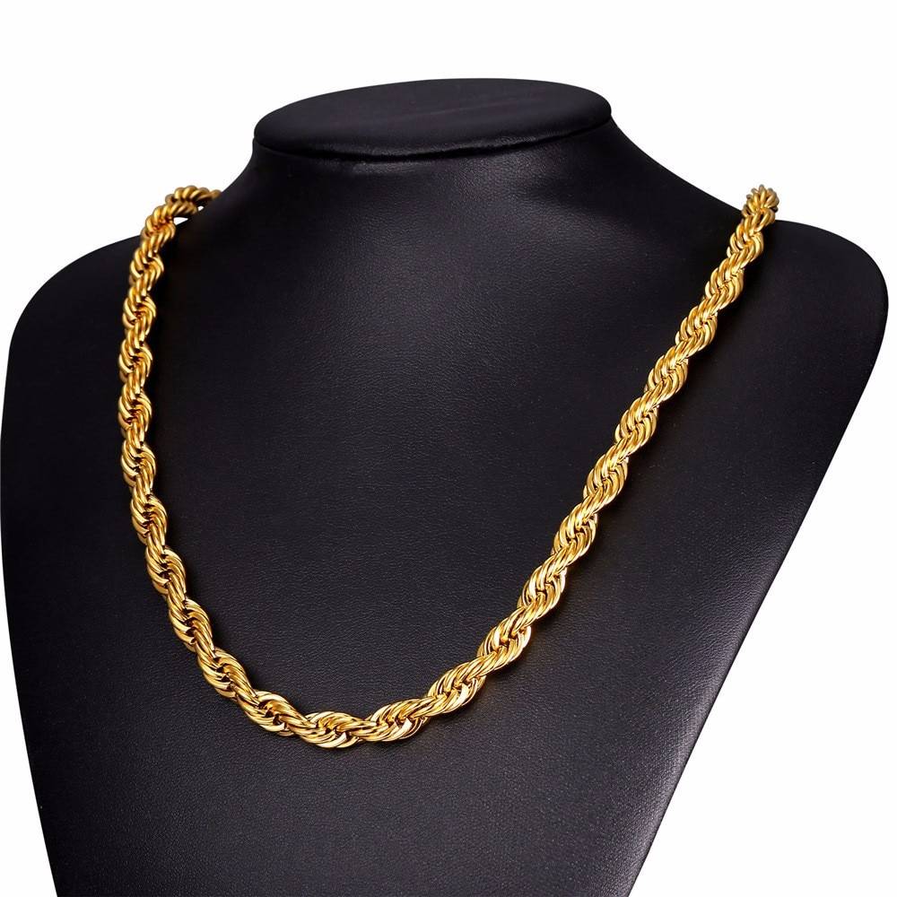 U7 Hip Hop Twisted Rope Necklace For Men Gold Color Thick Stainless Steel Hippie Rock Chain Long/Choker Hot Fashion Jewelry N574