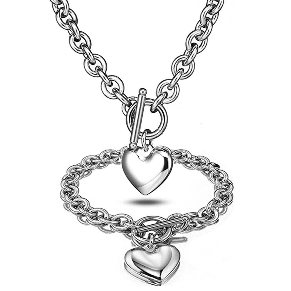 Love Heart Necklace and Bracelet Jewelry Sets for Women Gift Stainless Steel Engagement Wedding Party Chain Set Jewelry Fashion