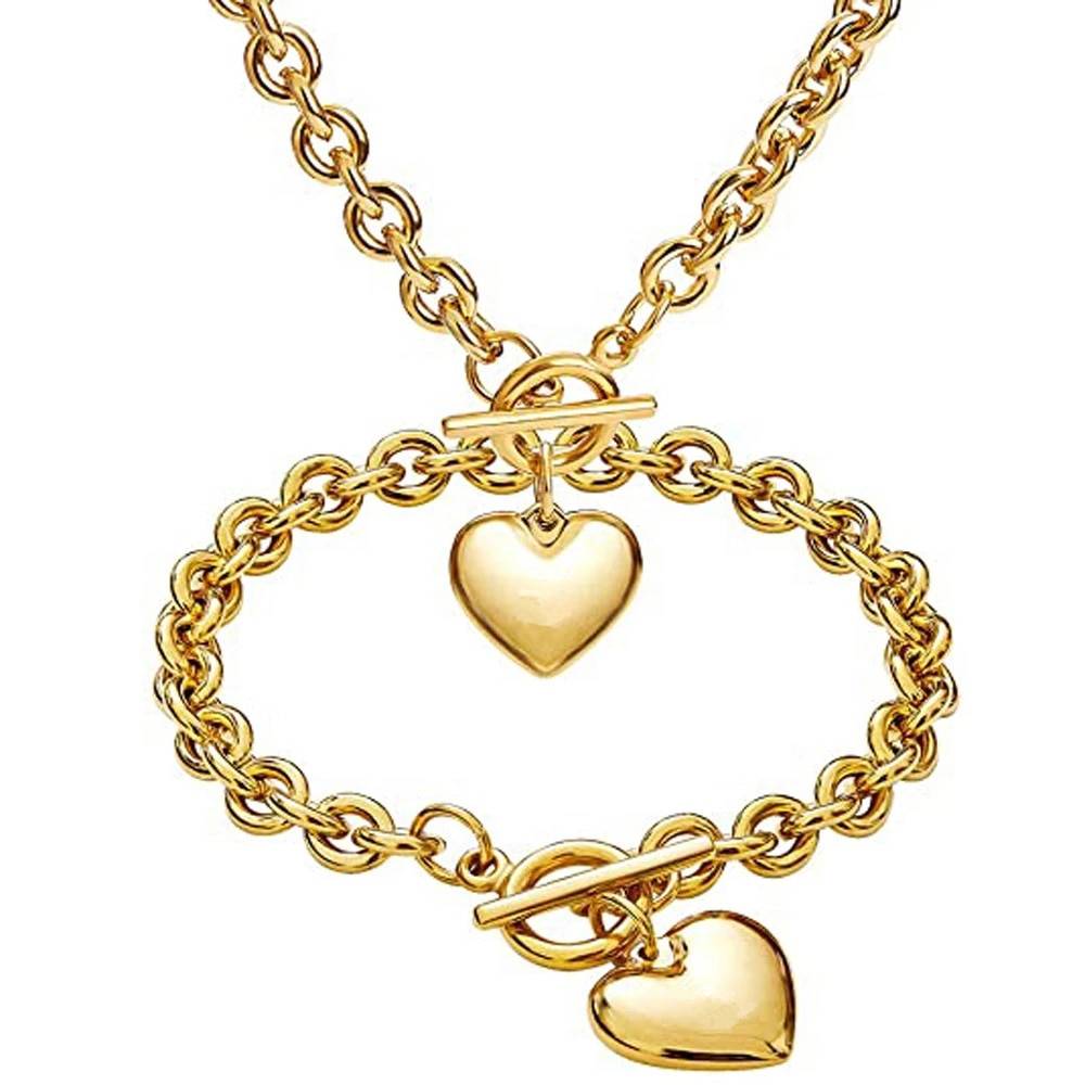 Love Heart Necklace and Bracelet Jewelry Sets for Women Gift Stainless Steel Engagement Wedding Party Chain Set Jewelry Fashion Uncategorized 8d255f28538fbae46aeae7: Gold|Silver