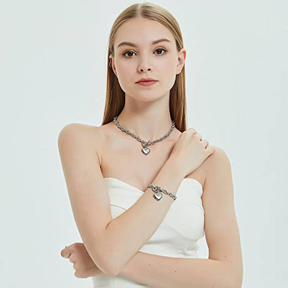 Love Heart Necklace and Bracelet Jewelry Sets for Women Gift Stainless Steel Engagement Wedding Party Chain Set Jewelry Fashion Uncategorized 8d255f28538fbae46aeae7: Gold|Silver