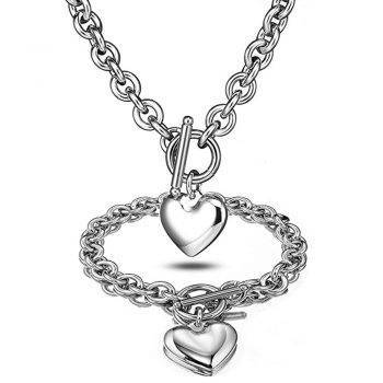 Love Heart Necklace and Bracelet Jewelry Sets for Women Gift Stainless Steel Engagement Wedding Party Chain Set Jewelry Fashion Uncategorized Metal Color: Silver