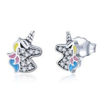 Unicorn Shaped 925 Sterling Silver Stud Earrings Gem Color: Silver