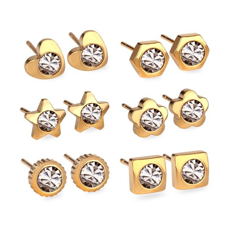 LUXUKISSKIDS 6Pairs Stud Earring Set For Women Stainless Steel Christmas Earrings CZ Gold small Earring Pendientes Brincos Stud Earrings Surgical Steel Earrings Metal Color: Gold