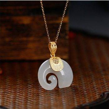 2021 Vintage White Hetian Jade Elephant Pendant 18K Gold Plated Chain Necklace Stainless Steel Sapphire Choker Jewelry for Women Necklaces for Women Pendant Necklace Gem Color: White Jade